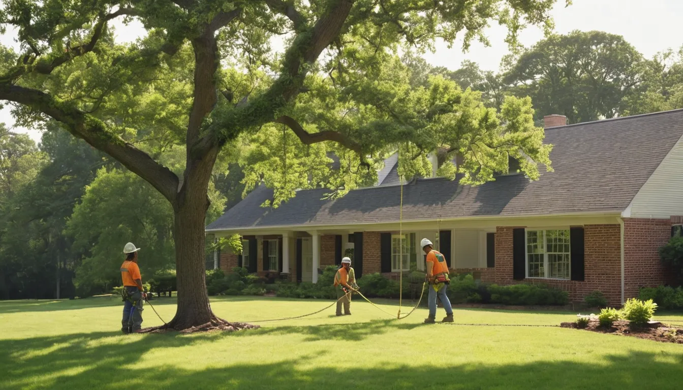 A tree removal provider cutting a large backyard tree in sections near a home in the Kirtland area